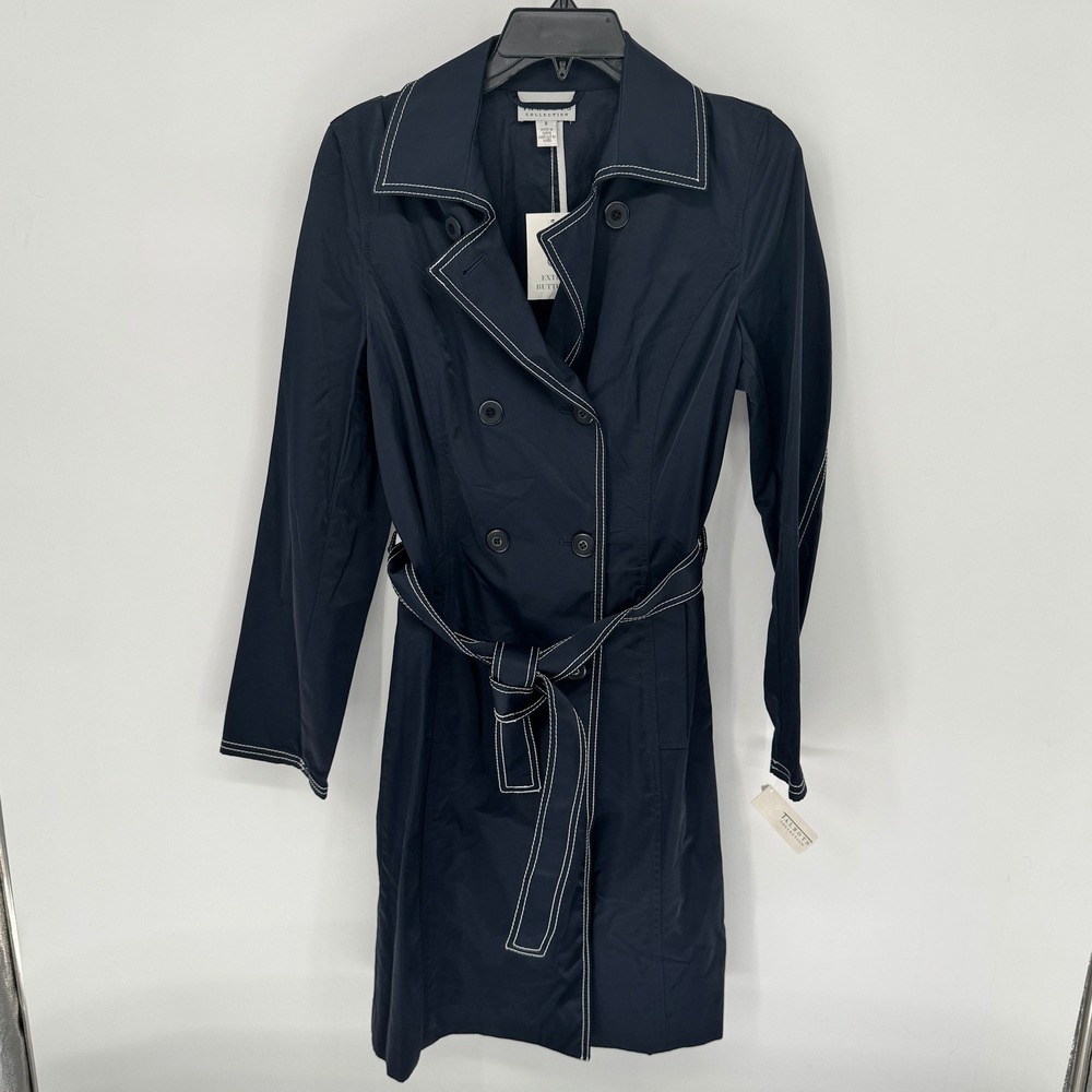 Talbots Collection Women Navy Blue Double Breasted Trench Coat White Stitching S